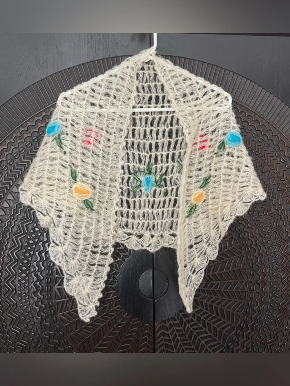 Vintage 40's 50's Hand Crocheted Acrylic Shawl Japan Cottagecore Grandma Rosette